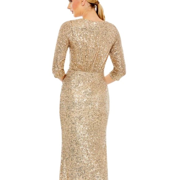MAC DUGGAL 42015 SEQUINED DRAPED 3/4 SLEEVE LIGHT GOLD GOWN sz 12 - Picture 2 of 6